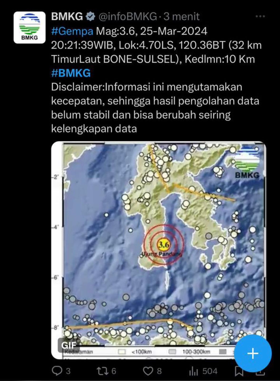 Gempa Magnitude 3,6 SR Guncang Teluk Bone, Getaran Sampai di Cina