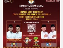 KPU Wajo Plenokan Nomor Urut Paslon Bupati dan Wakil Bupati, Ar Rahman Nomor Urut 1, Pammase Nomor Urut 2